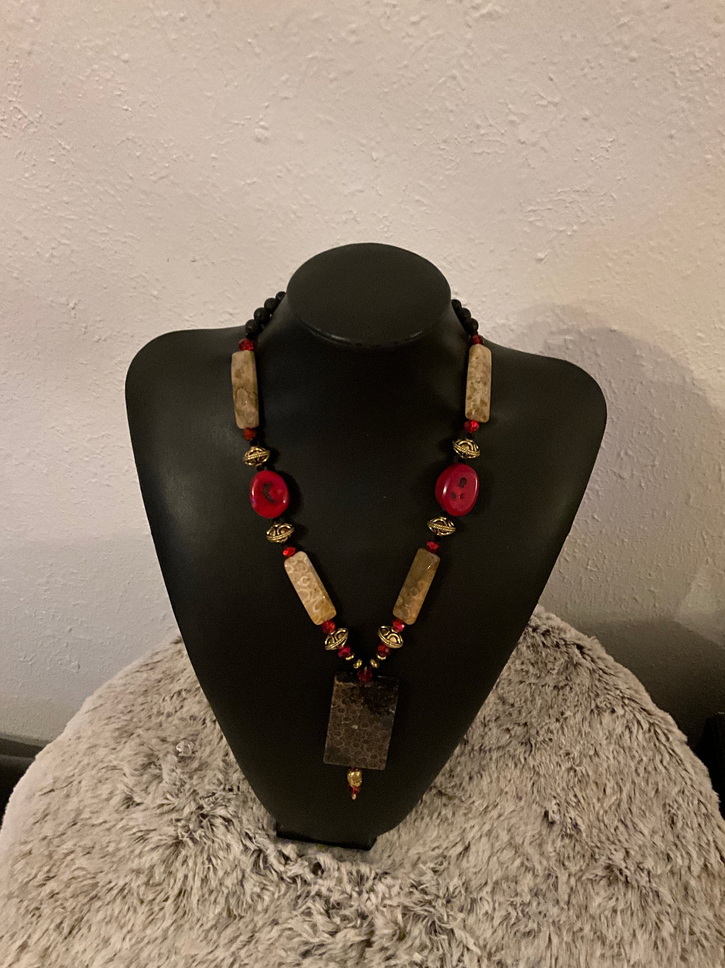 Red Coral, Black & Gold Fossil Necklace