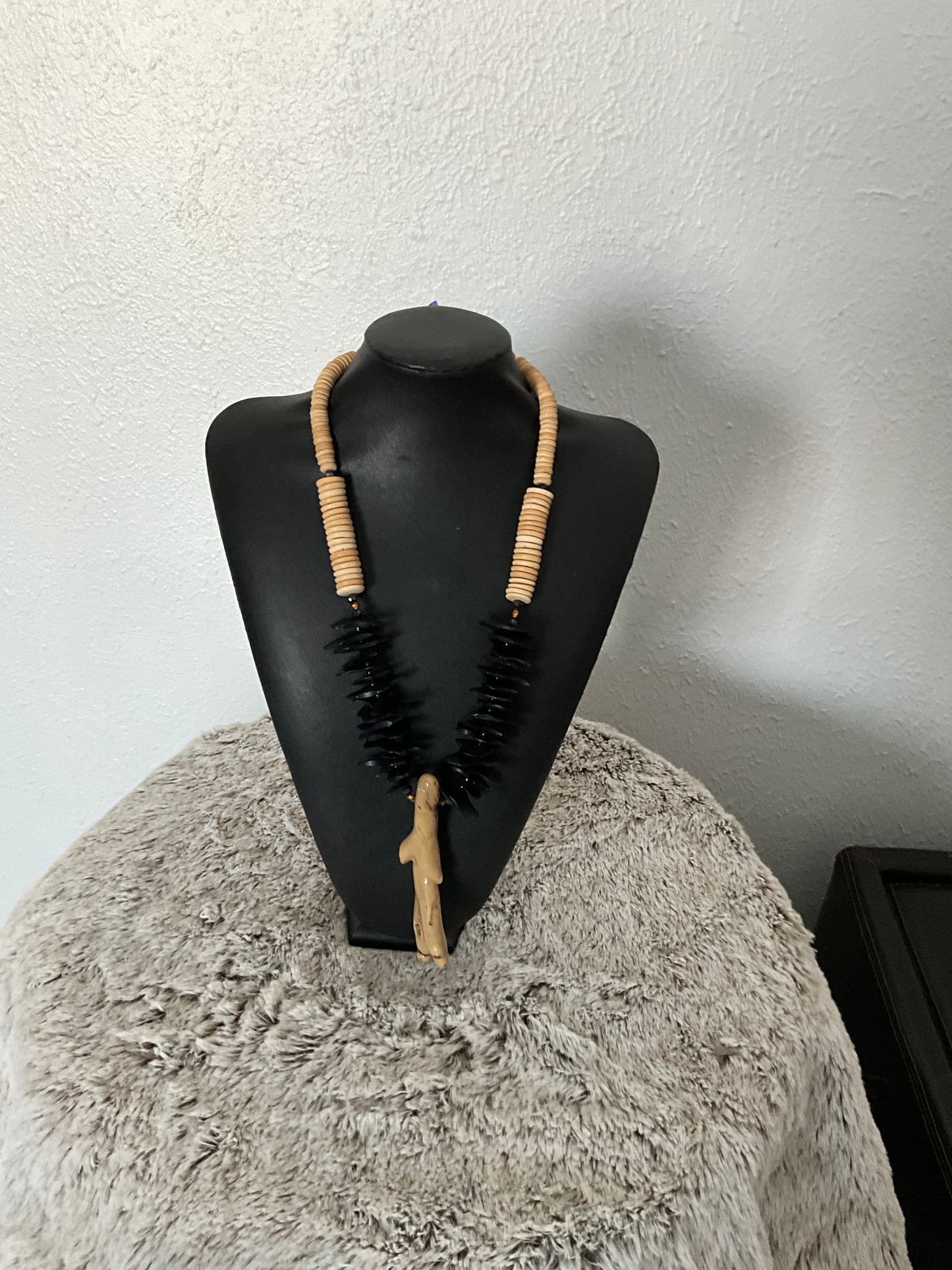 Tan Coral Pendant Accented With Black Coconut Necklace