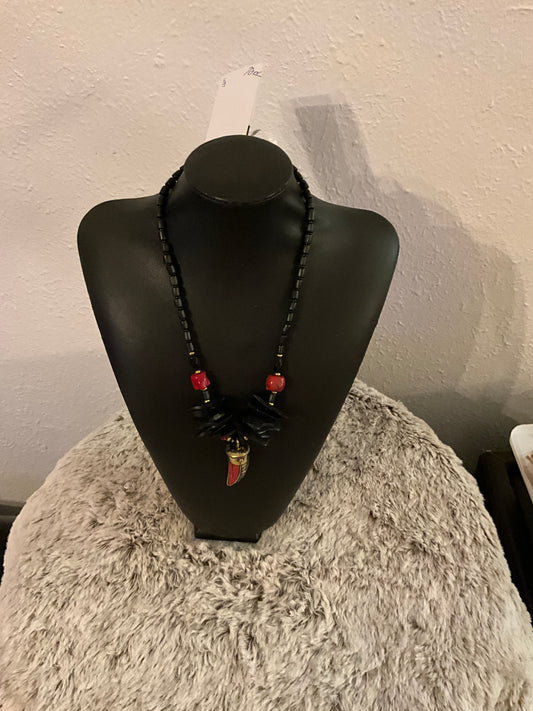Red Coral and Brass Horn Pendant